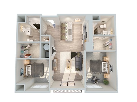 Floor plan for 2 beds, 2 baths, 1005 sqft